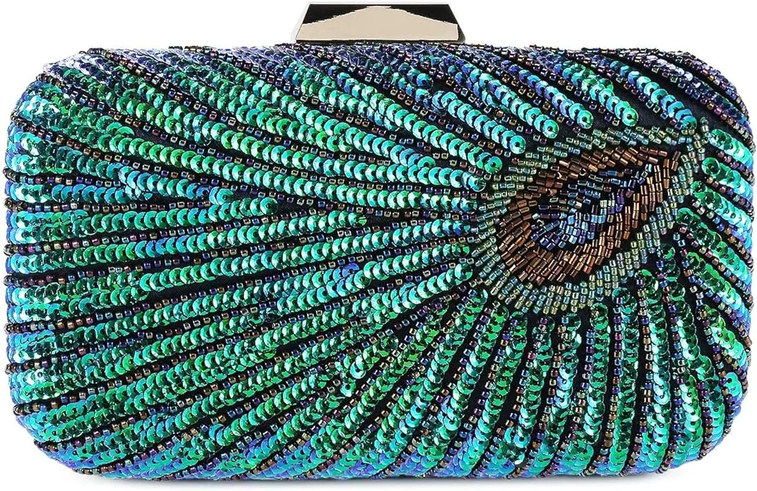 UBORSE Beaded Sequin Peacock Evening Clutch Bags Party Wedding Purse