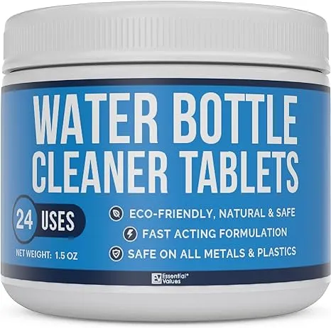 Essential Values Water Bottle Cleaning Tablets & Reservoir Bladder Cleaner Tabs (24 Tablets) | Remove Stains & Odors. Compatible with Hydration