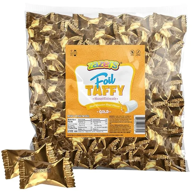 Gold Foils Chewy Taffy Candy, 1-Pound Bag of Gold Color Themed Kosher Candies Individually Wrapped Peach Fruit-Flavored Taffies (NET WT 454g, About 63 Pieces)