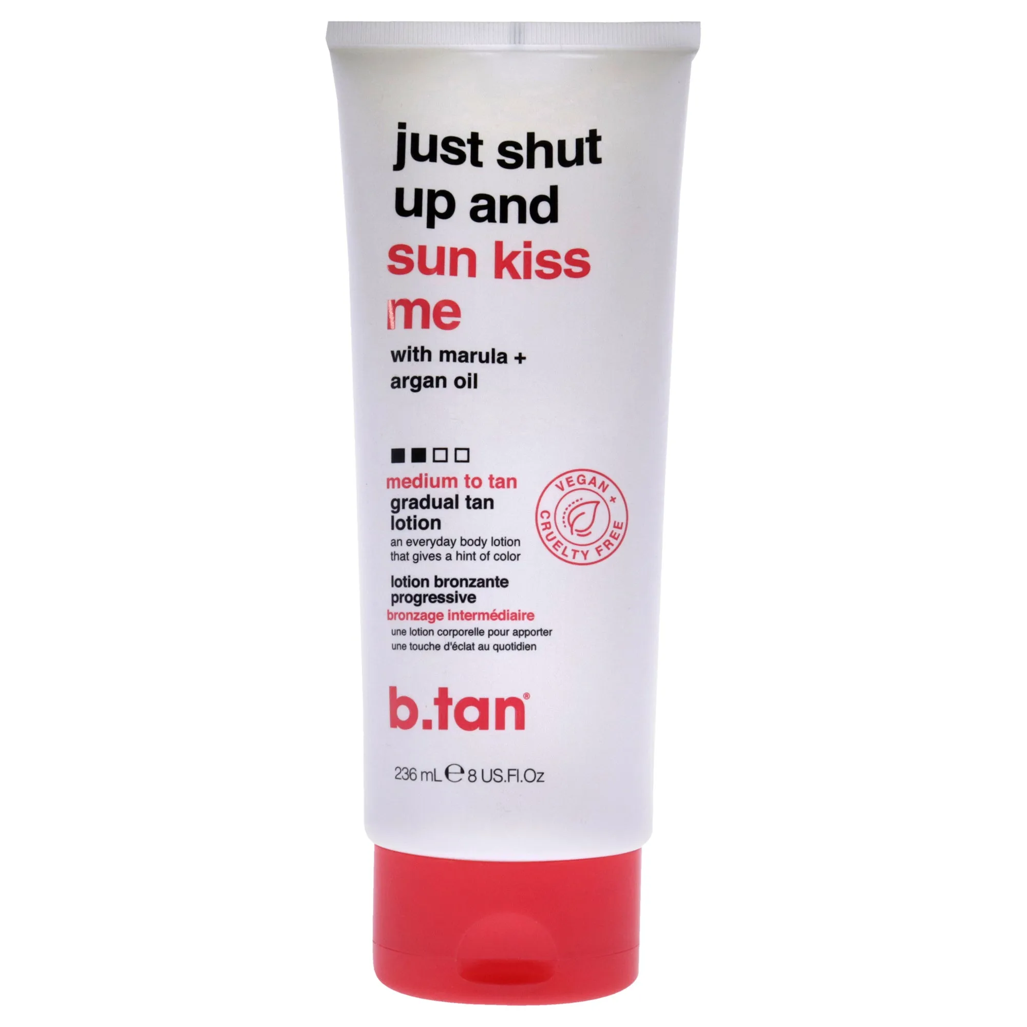 b.tan Medium Gradual Self Tanning Lotion | Just Shut Up and Sun Kiss Me Everyday Glow Lotion - Develop a Medium to Tan Bronzed Glow, Infused With Marula + Argan Oil, Vegan, Cruelty & Paraben Free, 8 Fl Ozb.tan Medium Gradual Self Tanning Lotion | Just Sh