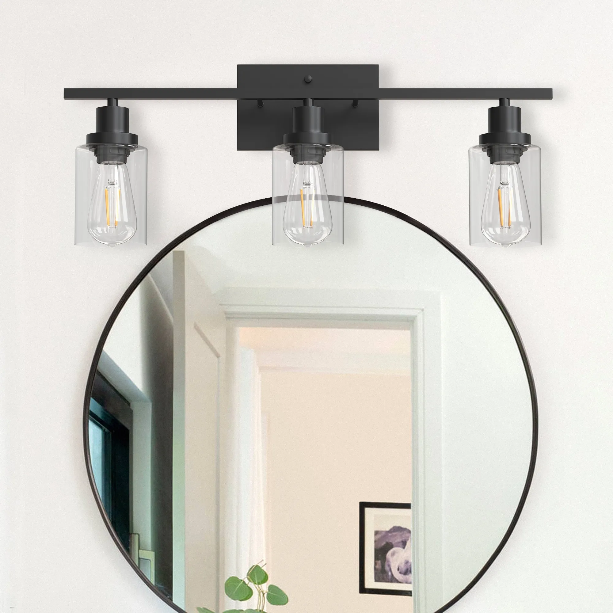 YANSUN 24 in.3-Light Matte Black Vanity Light Modern Industrial Vintage Bathroom Lighting Fixture with Accents and Clear Glass