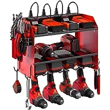 CCCEI Modular Power Tool Organizer Wall Mount with Charging Station. Garage 4 Drill Storage Shelf with Hooks, Screwdriver, Drill Bit Heavy Duty Rack, Tool Battery Holder Built in 8 Outlet Power Strip.