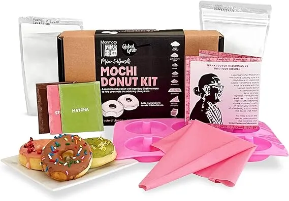 Global Grub DIY Morimoto Mochi Donut Kit - Includes Mochi Donut Mold, Piping Bag, Mochi Flour, Confectioners Sugar, Strawberry, Cocoa & Matcha Green Tea Powder, Master Chef Approved, 18 baked donuts