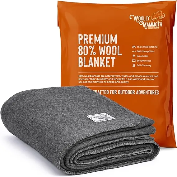 Woolly Mammoth Woolen Co. | Extra Large Merino Wool Camp Blanket | Perfect Outdoor Gear | Bedroll for Bushcraft, Camping, Trekking, Hiking, Survival, or Throw Blanket at the Cabin (Gray), 66" x 90"