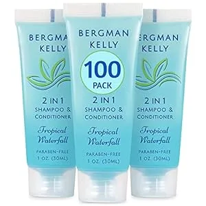 BERGMAN KELLY Travel Size Shampoo & Conditioner 2 in 1 (1 Fl Oz, 100 PK, Tropical Waterfall), Delight Your Guests with Invigorating and Refreshing Shampoo Amenities, Small Hotel Toiletries in Bulk