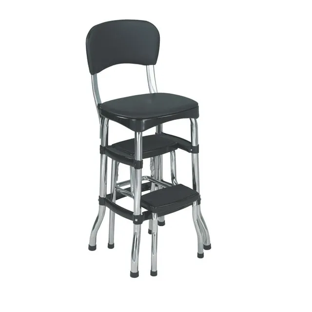 COSCO Stylaire Retro Chair + Step Stool with Pull-Out Steps (Black, one pack)