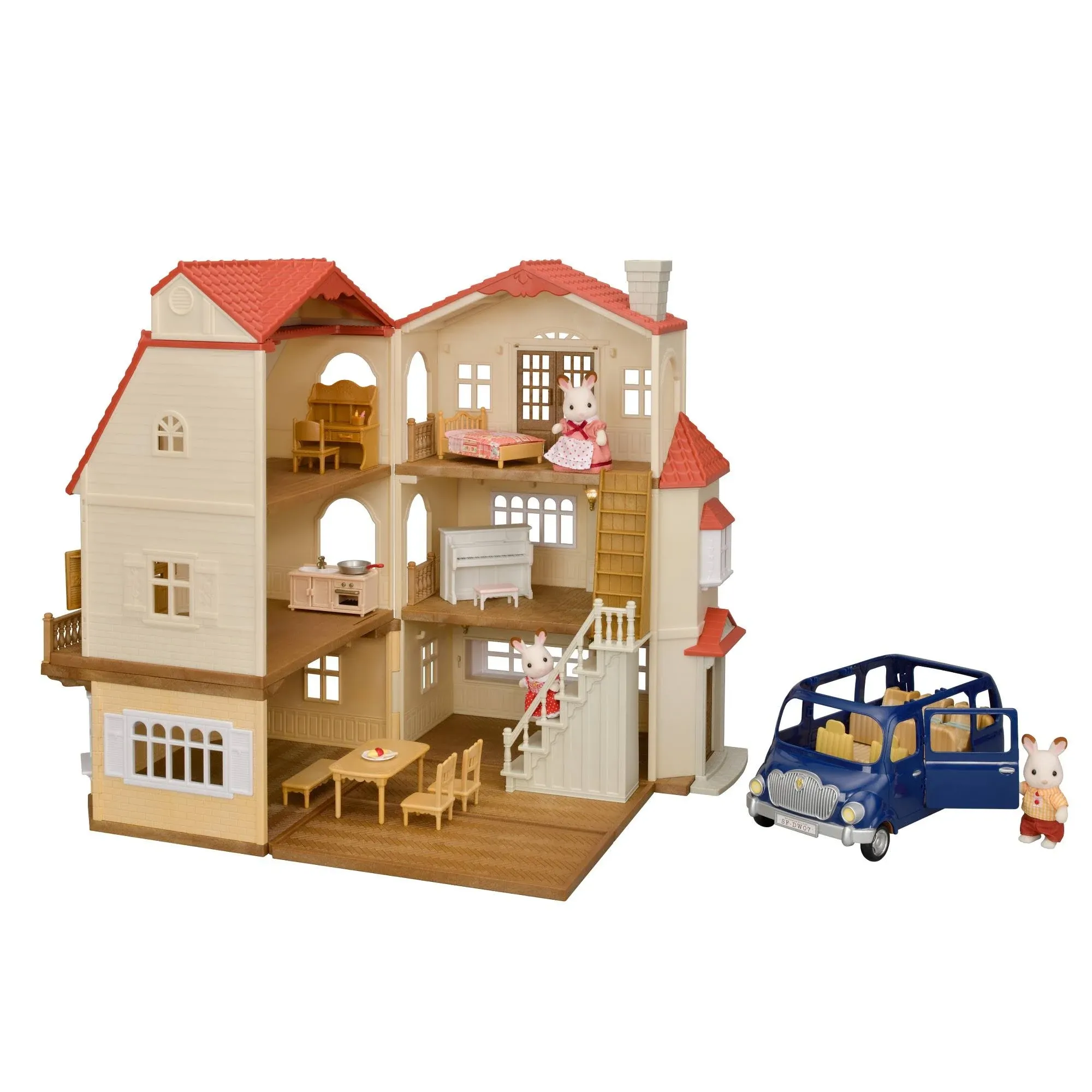 Calico Critters Red Roof Grand Mansion Gift Set, Dollhouse Playset with 3 Figures, Furniture, Vehicle and Accessories