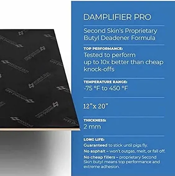 Second Skin Damplifier Pro Premium Car Sound Deadening Material (2mm) – Butyl Rubber Auto Sound Deadener Mat (30 Sq Ft, 18 Sheets) – Made in The USA