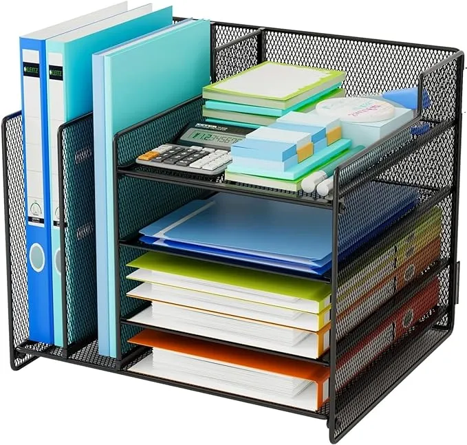 Desk Organizers with File Holder, 4-Tier Mesh Letter Tray Paper Organizer and 2 Vertical File Sorter Desktop File Organizer Office Supplies Storage for Office Home School