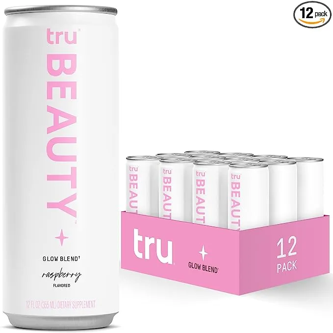 Tru Beauty Sparkling Water (12-Pack) Liquid Collagen Peptides with Biotin & Hyaluronic Acid - Gluten-Free Keto-Friendly Vegan Glow Collagen Blend - Raspberry Flavored Beauty Collagen Drink, 12fl.oz