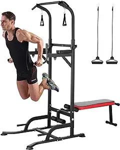 Power Tower with Bench, Pull Up Bar Stand Dip Station Home Gym, Height Adjustable Training Chin Up Tower with Folding Weight Bench, 4 Pull Ropes, Support Up to 400Lbs - AthLike