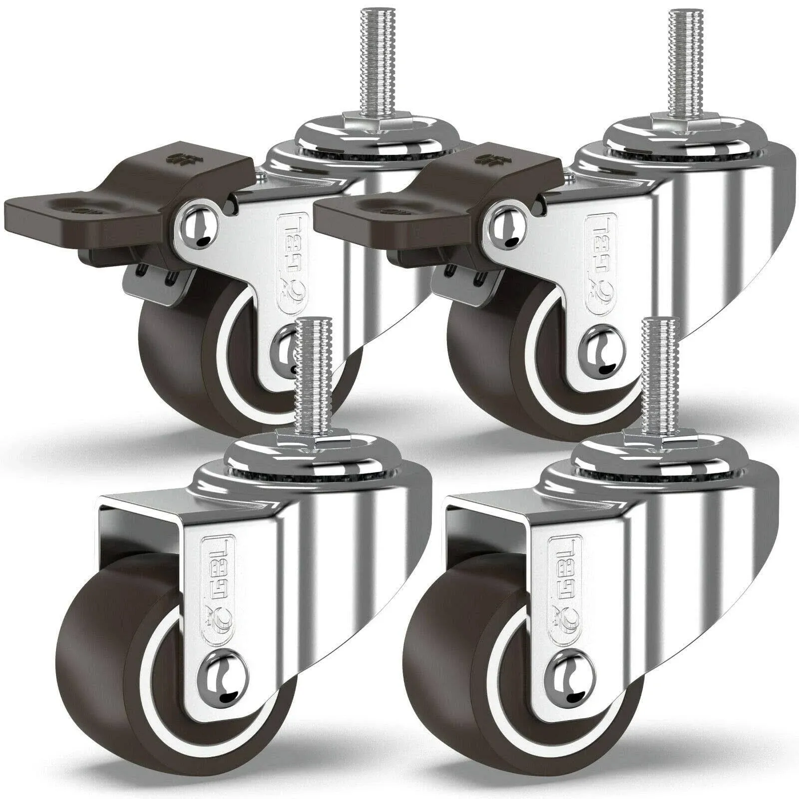 GBL 1" inch Small Caster Wheels with 2 Brakes + Screws M6x15mm - 90lbs - Low Profile Castor Wheels with Brakes - Set of 4 No Floor Marks Silent