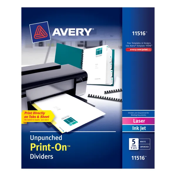 Avery Unpunched Print-On Dividers, White, 8 Tabs, 5 Sets (11553)