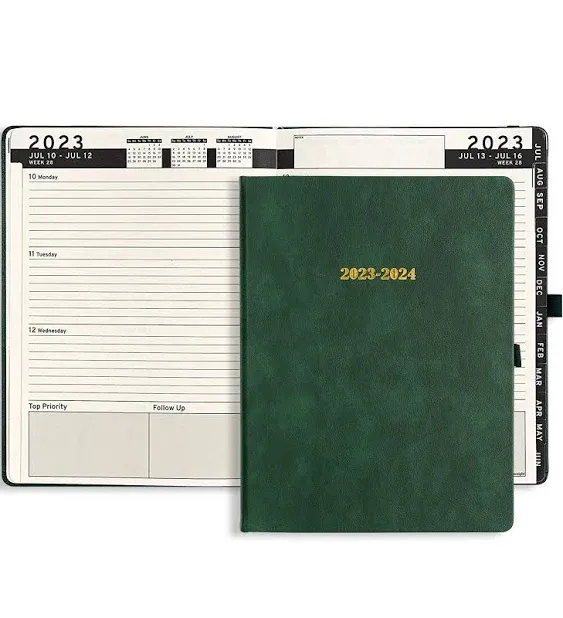 HARDCOVER Daily Leather Planner Weekly Monthly - 8.5x11 - Ensight Academic Planner Business Personal or Student - Pen Holder, Bookmark, Notes Pages, Thick Paper, July 2024 - June 2025 (Dark Green)