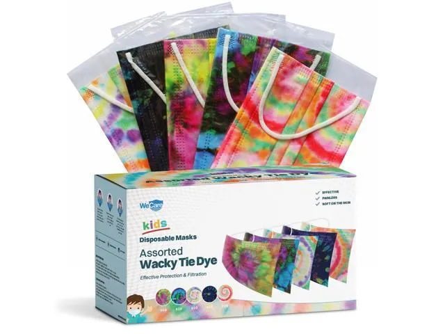 WeCare Disposable Face Mask, 3-Ply with Ear Loop (50 Individually Wrapped) - For Kids - Assorted Crazy Tie Dye