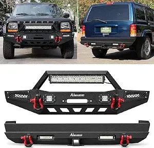 BESTZHEYU Front and Rear Bumper Compatible with 1989 1990 1991 1992 1993 1994 1995 1996 1997 1998 1999 2000 2001 Cherokee XJ Black Steel Offroad Bumpers