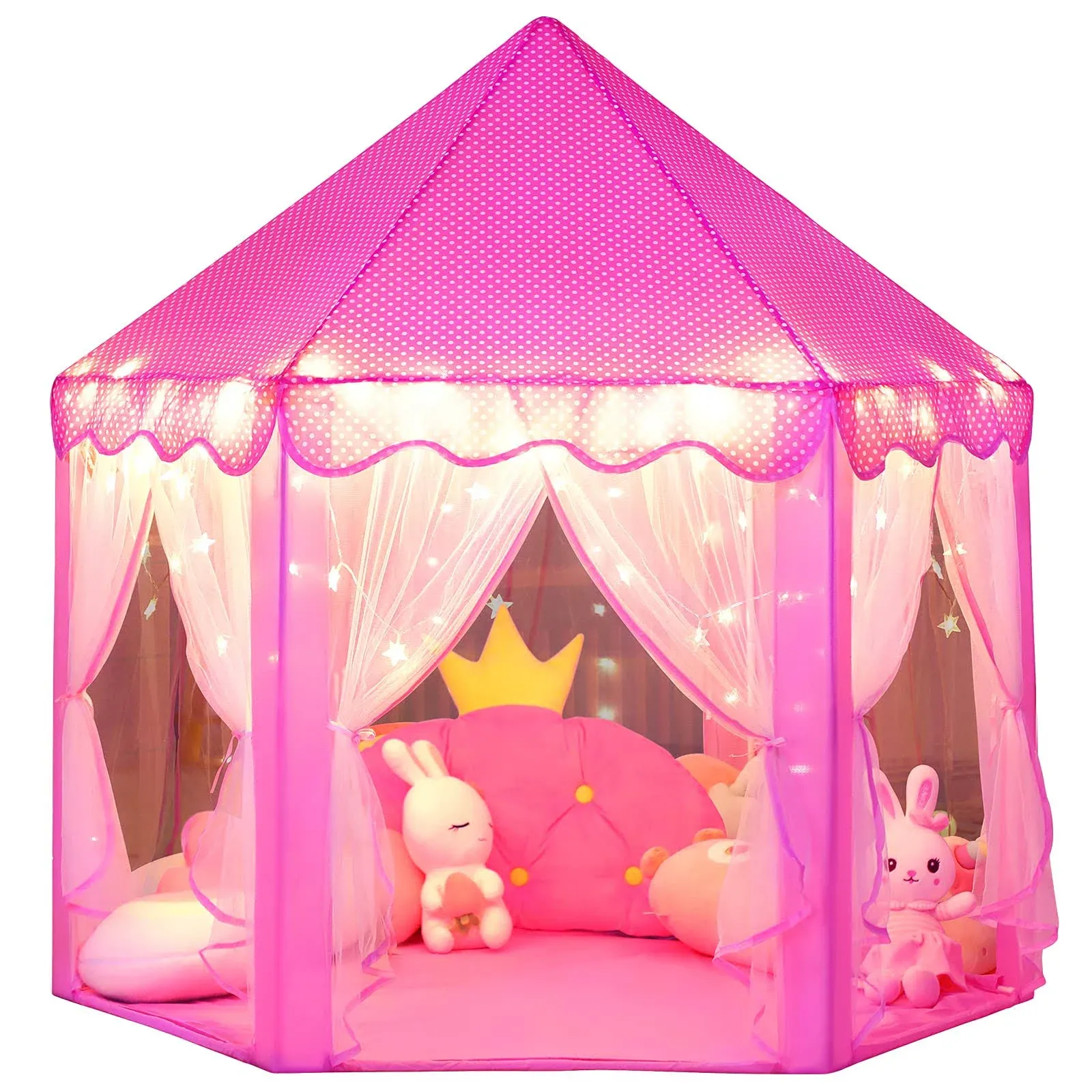 Wilwolfer Princess Castle Play Tent for Girls Large Kids Play Tents Hexagon Playhouse with Star Lights Toys for Children Indoor