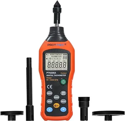 Protmex PT6208A Digital Contact Tachometer, Contact Measurement Speed Tach Meter, 50-19999RPM Speed Meter, Contact Tach RPM Meter with 100 Groups Data Logging, Data Hold, Max/Min/AVG, Backlight