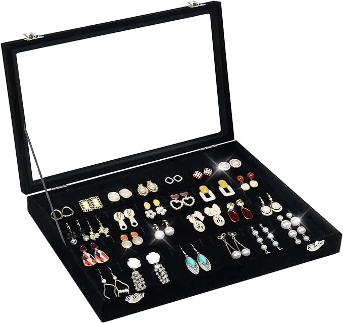 Jenseits Earring Organizer Tray with Clear Lid: Velvet Drawer Jewelry Display Case with 80 Slots and Lock - Ideal for Earrings, Perfect for Women and Girls in Elegant Black