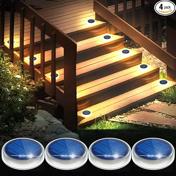 LED Solar Deck Lights, Round Step Lights with Waterproof, Auto ON/Off Stick o...