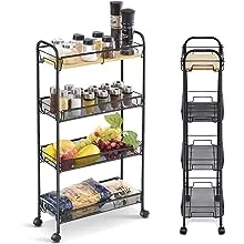 KINGRACK 4-Tier Slim Rolling Cart with Wooden Tabletop,Mobile Metal Utility Storage Cart,Slide Out Narrow Cart for Tight Spaces On Bathroom Kitchen