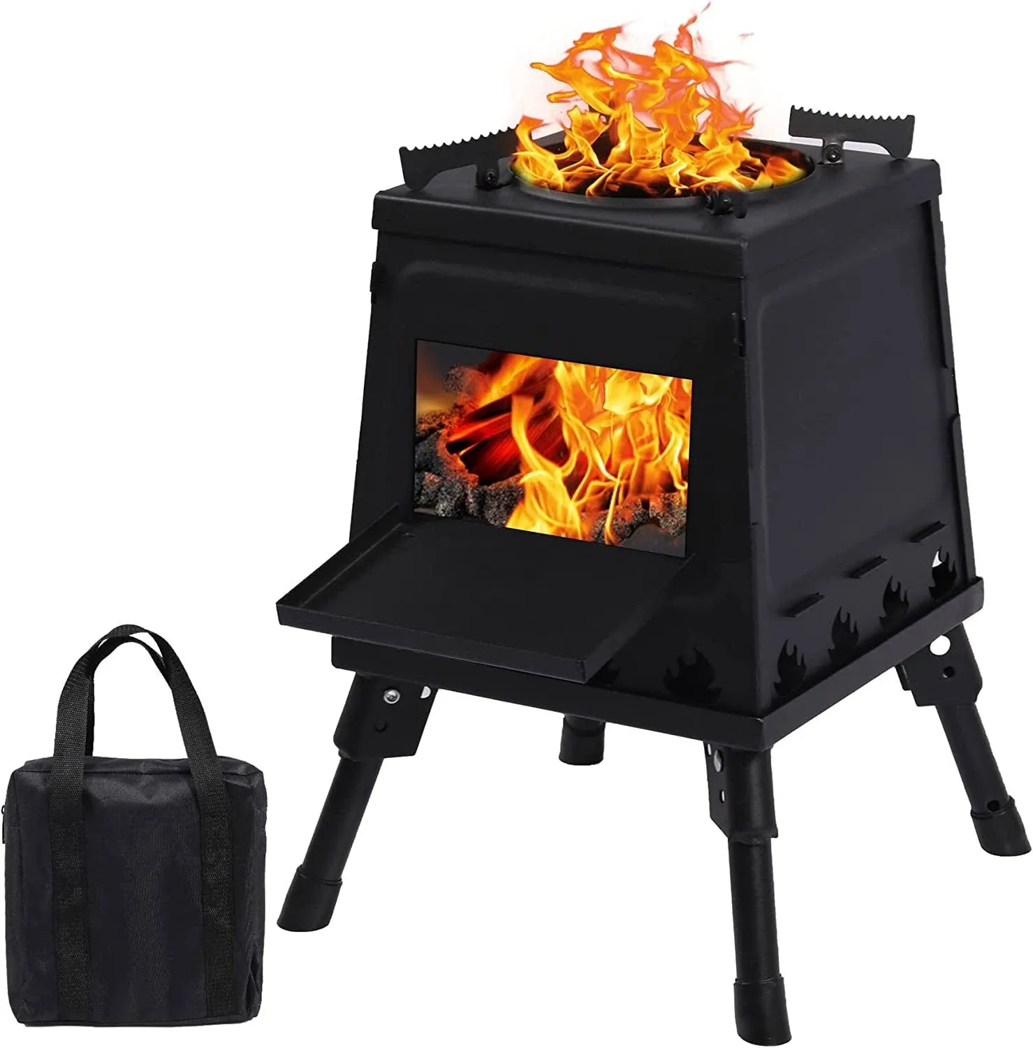 Wood Burning Camp Stove, Portable Cast Iron Camping Wood Stove, Black Woodstove 