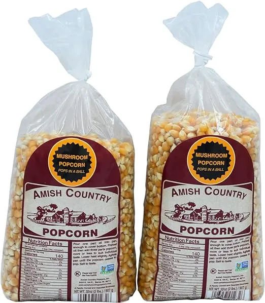 Amish Country Popcorn 2 - 2 lb Bags Mushroom Popcorn Kernels Old Fashioned with Recipe Guide