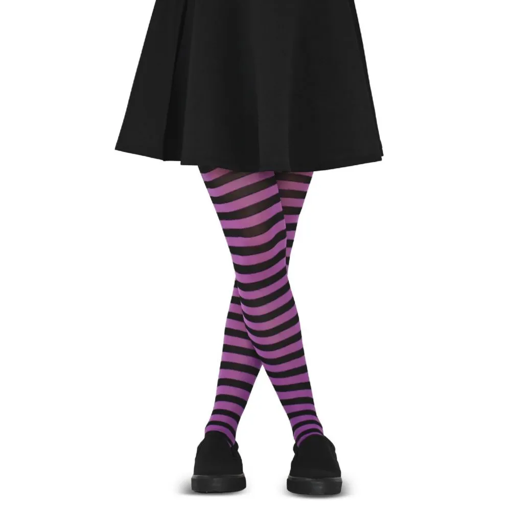 Skeleteen Black and Purple Tights - Striped Nylon Stretch Pantyhose Stocking Accessories for Every Day Attire and Costumes for Teens and Children