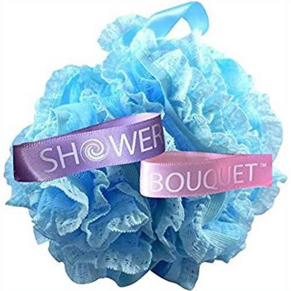 Loofah-Bath-Sponge Lace-Mesh-Set >> 2-Scrubs-in-1 by Shower Bouquet: Large Full 60g Pouf (4 Pack Spa Colors) Body Luffa Loofa Loufa Puff - Exfoliate, Cleanse Skin with Luxurious Bathing Accessories