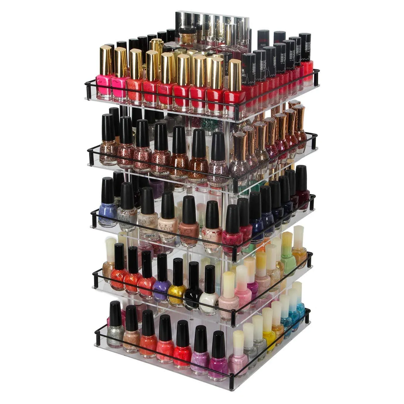 JackCubeDesign 5 Tier Acrylic 350 Nail Polish 360 Rotating Display Rack Organizer Stand Makeup Cosmetics Storage Box Carousel Shelf with Black Iron