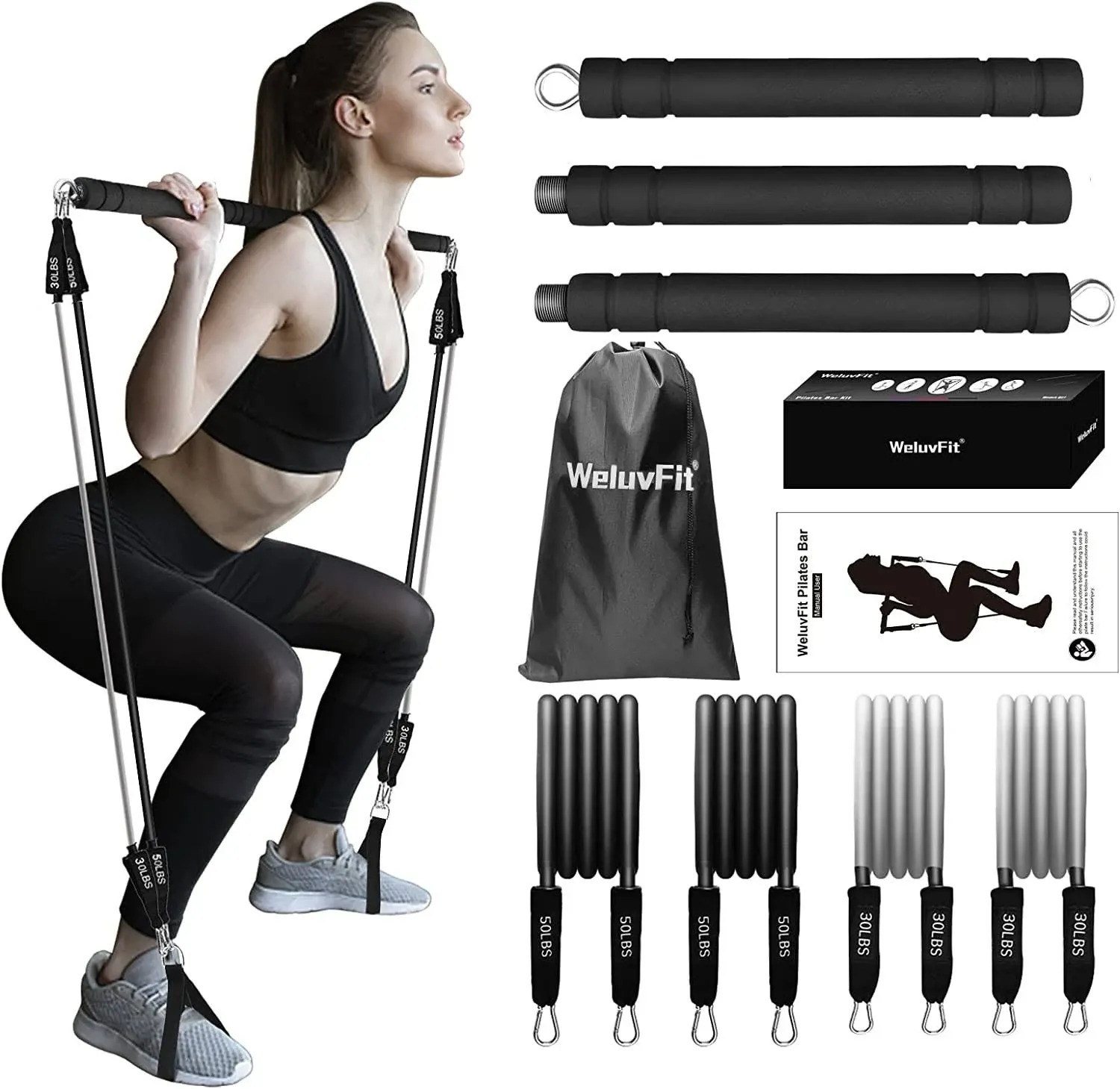 Pilates Bar - Weluvfit Pilates Bar Kit with Resistance Bands, Pilates Bar with N