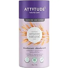 ATTITUDE Baking Soda Free Deodorant for Sensitive Skin Enriched with Oatmeal and Chamomile, EWG Verified, Aluminum Free, Plastic-Free, 3 Ounces