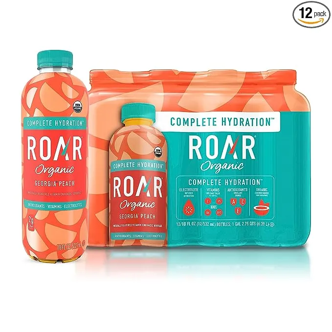 ROAR Complete Hydration Organic - Electrolyte Drinks Loaded with Vitamins C, B5, B12 - Non-GMO, Gluten-Free - Georgia Peach - 12 pc