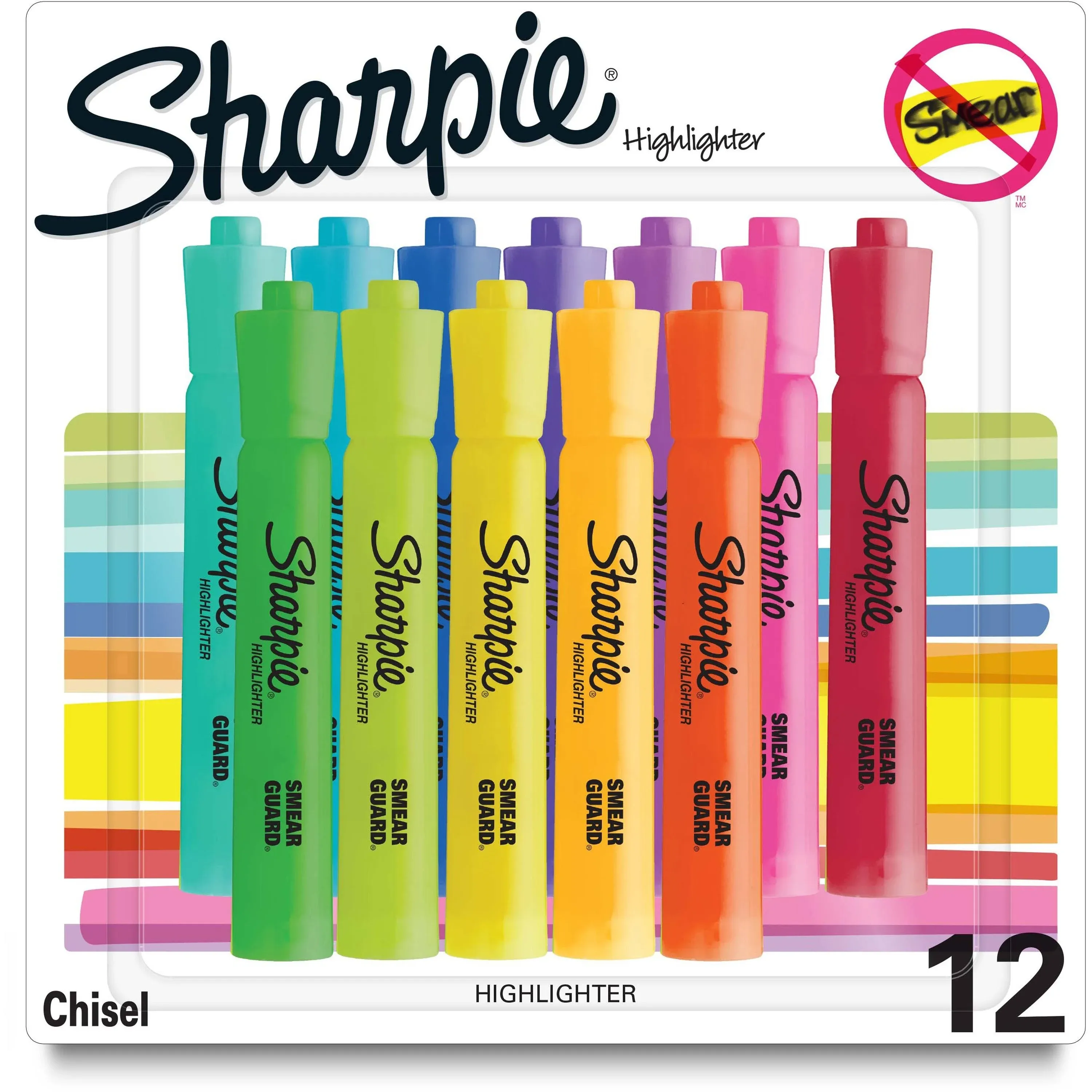 Sharpie Tank Style Highlighters, Assorted Ink Colors, Chisel Tip, 12/Pack