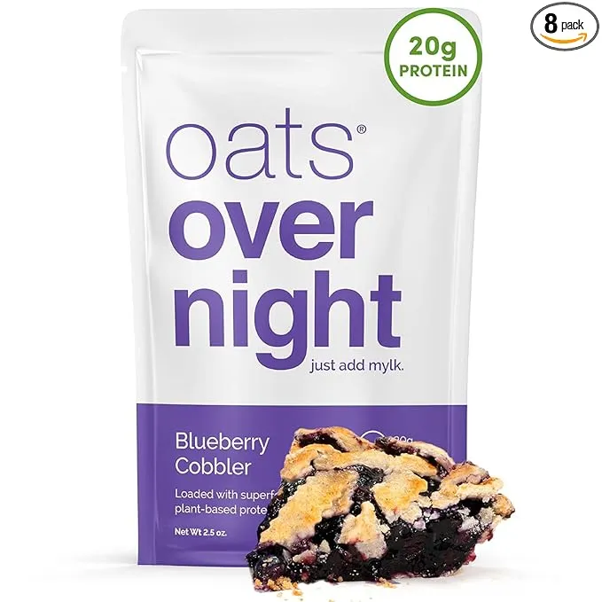 Oats Overnight - Blueberry Cobbler - Vegan, 20g Protein, High Fiber Breakfast Shake - Gluten Free, Non GMO Oatmeal (2.5 oz per meal) (8 Pack + BlenderBottle)