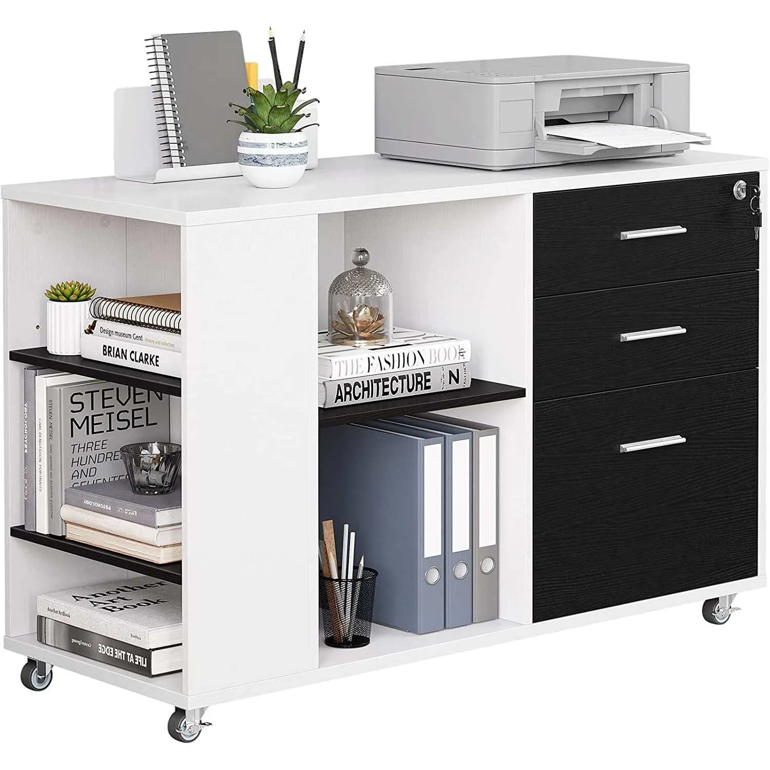 Morin Wood Mobile 3 Drawers File Cabinet with Lock and Drawer Black White