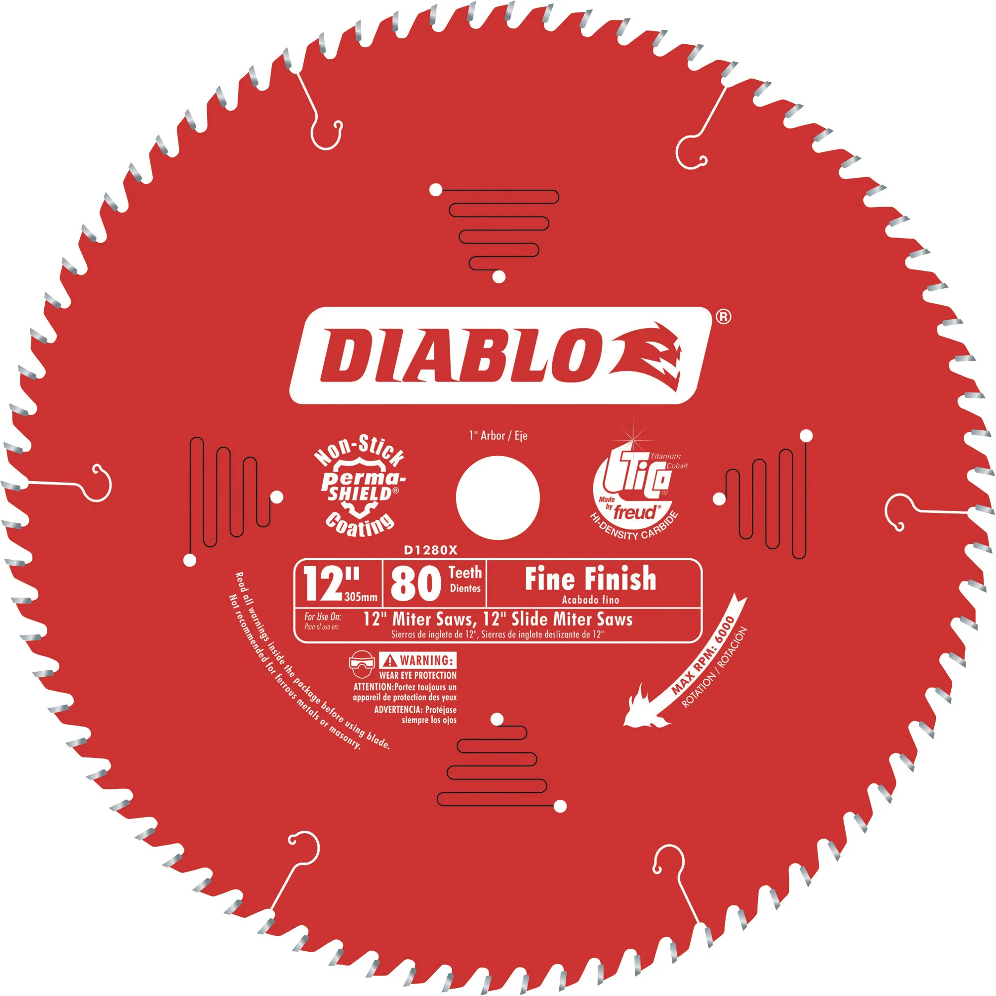 Diablo D1280X 12-Inch 80T Diablo Fine Finish Work Chop/Slide Miter Saw Blade, Size: Saw/Sawtools, Red