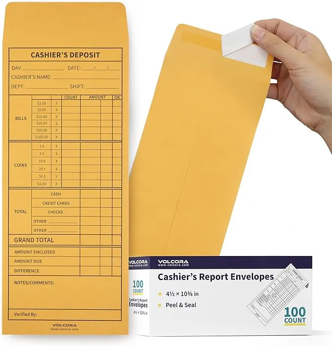 Cashier Envelopes for Cash Deposit Drop and Money Reporting 100 Pack