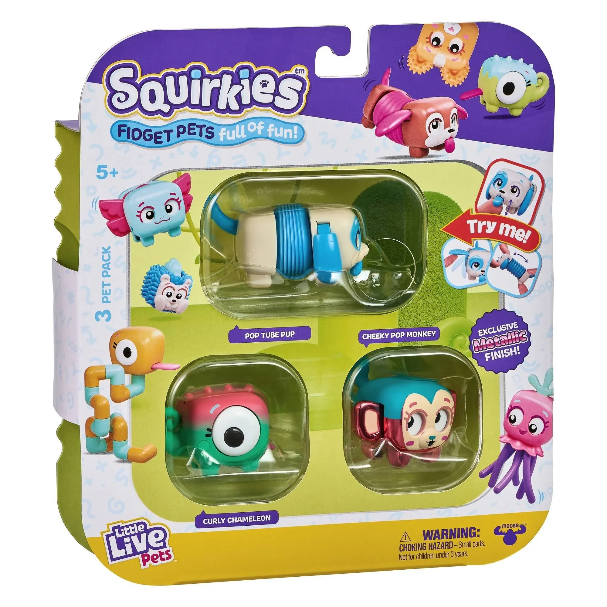 Squirkies Fidget Little Live Pets 3 Pack Metallic Pup Monkey Chameleon