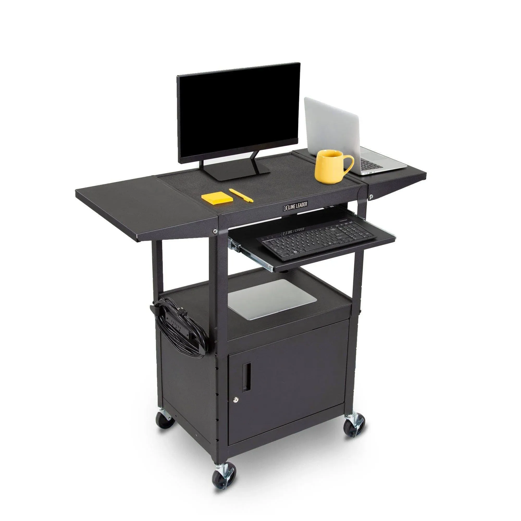 Line Leader Large AV Cart with Locking Cabinet & Drop Leaves | Height Adjustable Utility Cart | Includes Pullout Keyboard Tray & Cord Management | Easy Assembly (66in x 18in x 42in / Black)