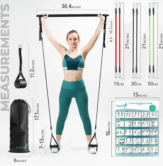 Repston Pilates Bar Kit with Resistance Bands - 6X Resistance Bands, 3 Section ...