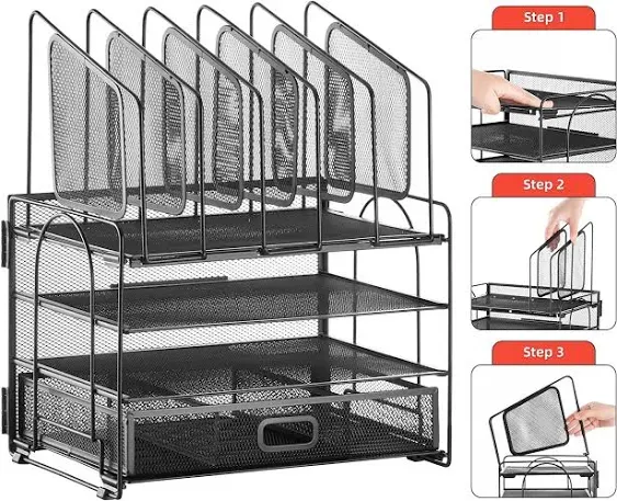 Mararasse Marbrasse Metal Mesh Desk Organizer, 4-Tier Document Sorter with Drawer, Including 5 Vertical File & 2 Pen Holders