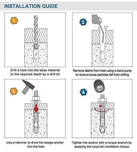 1/2 inch x 3-3/4 inch - 20 Pieces Wedge Anchor Zinc Plated Heavy Duty Fastener for Concrete