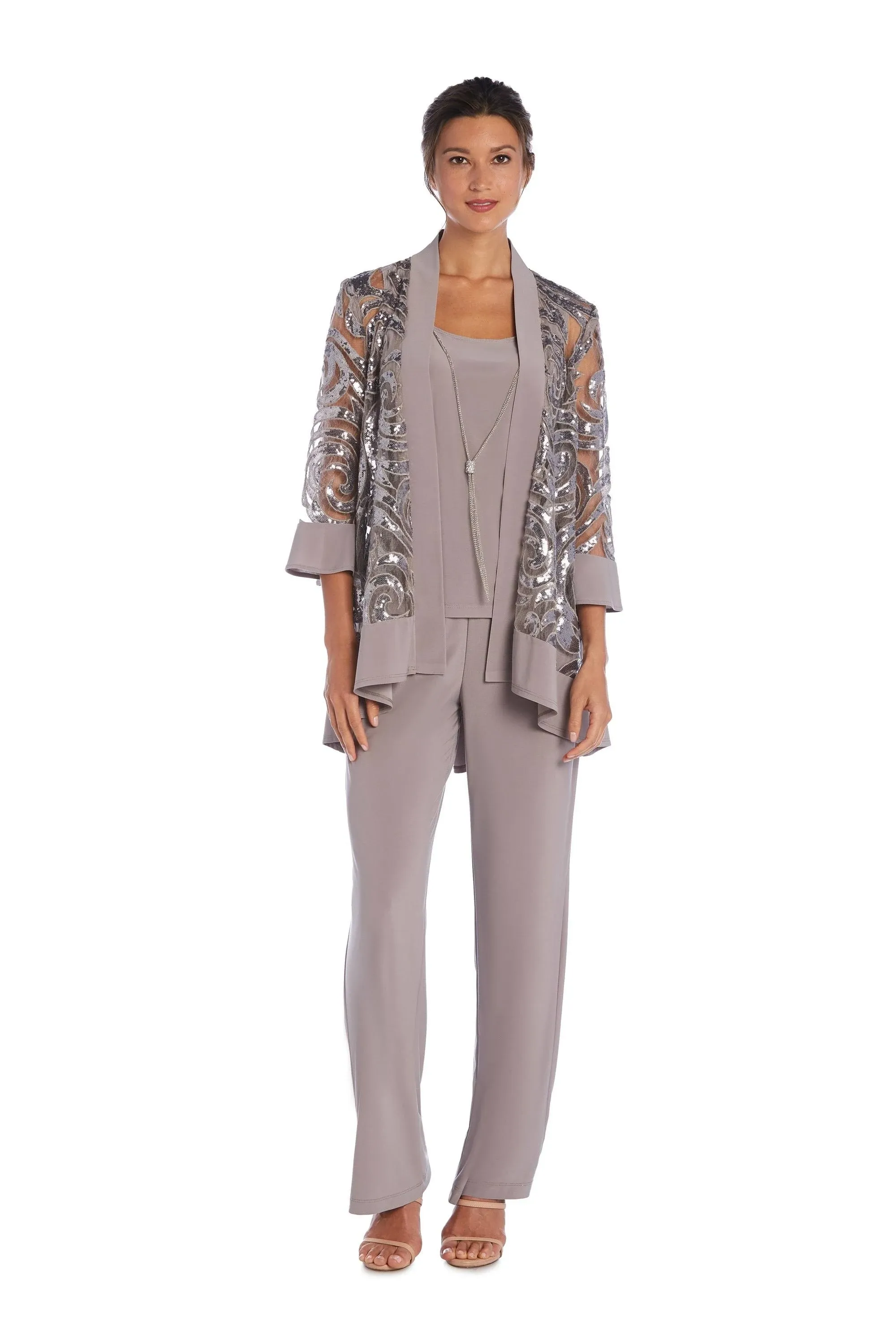 R & M Richards Women's 3-Piece Sequin Pant Suit Set - Champagne - 6