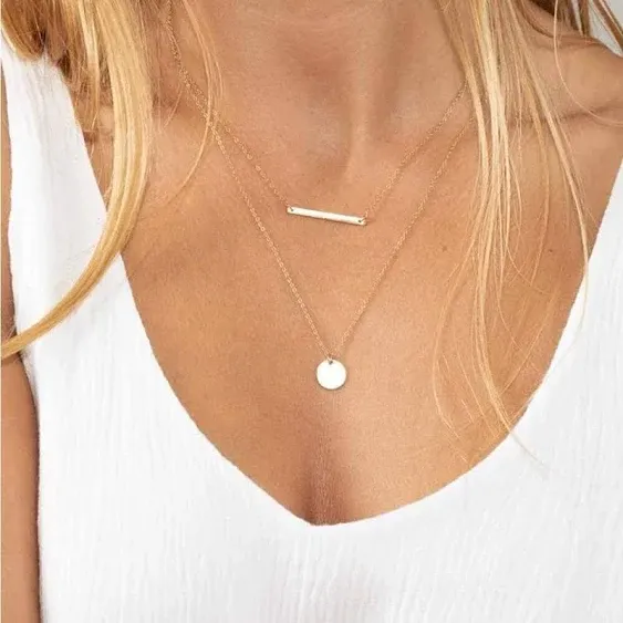 Dainty Layered Choker, Handmade 14K Gold Plated Y Pendant Multilayer Bar Disc