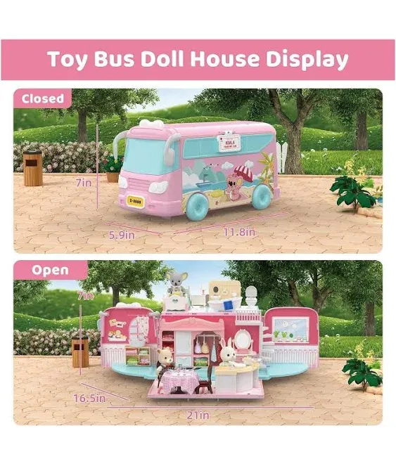 Doll House Toys for Girls - Pretend Play Small Dollhouse Playset with Doll and Furniture Accessories, Foldable Transform Bus Car Toy Vehicle, Birthday Xmas Gift for Kids Toddlers 3 4 5 6 Years Old