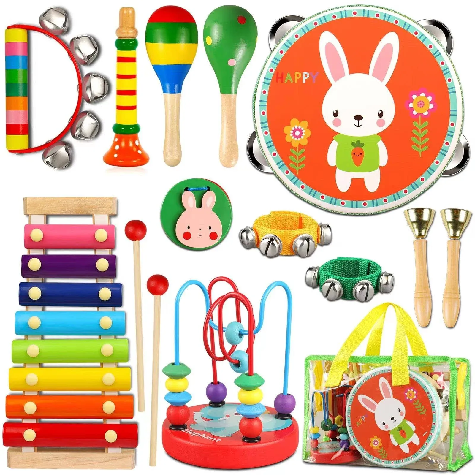 LOOIKOOS Toddler Musical Instruments Toys, Wooden Percussion Instruments Set for Kids Baby with Xylophone, Preschool Educational