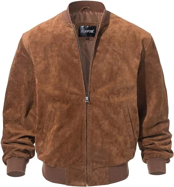 FLAVOR Men's Leather Baseball Bomber Jacket Vintage Suede Pigskin