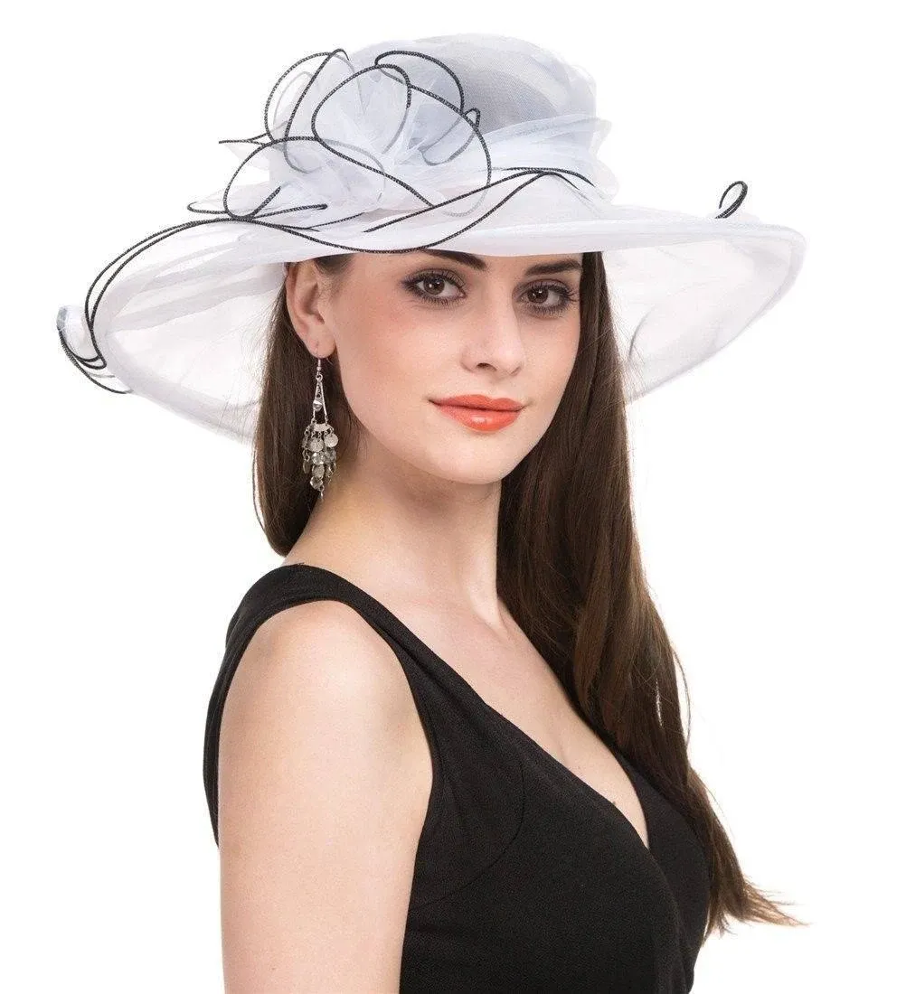 SAFERIN Women's Organza Church Kentucky Derby Fascinator Bridal Tea Party Wedding Hat (yw-white Black Line), 1