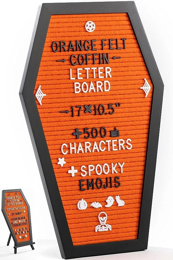 Coffin Letter Board Purple With Spooky Emojis +500 Characters, and Wooden Stand - 17x10.5 Inches - Gothic Halloween Decor Spooky Gifts Decorations